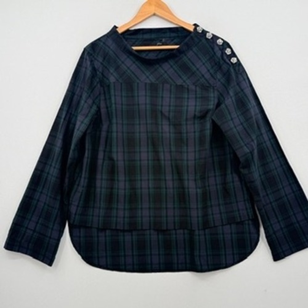 J.Crew Plaid Top Women 14 Blue Green Jeweled Button Tartan Preppy Blouse Holiday